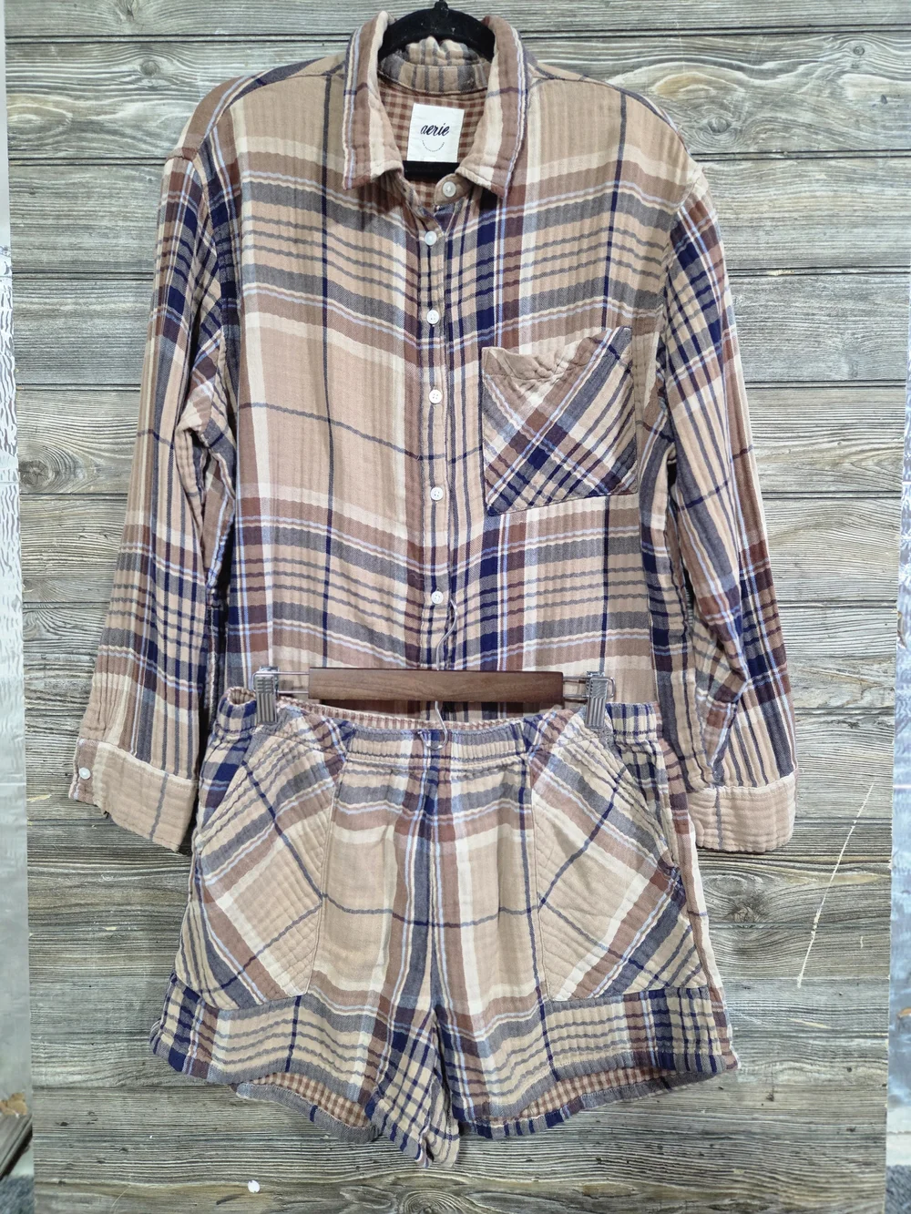 Aerie Women's Size Large Plaid 2 Piece 100% Cotton Shirt Shorts Lounge Set